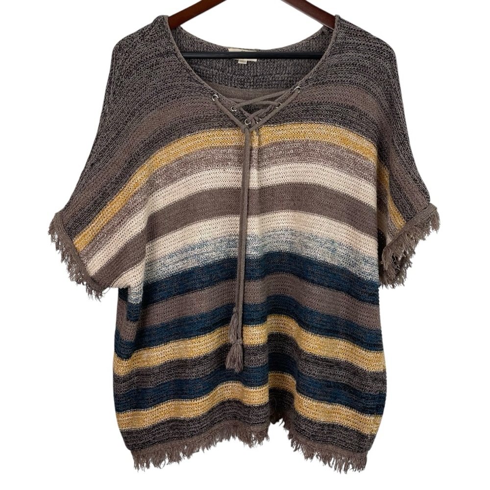 Entro | Tan Cream Gold Stripe Fringe Loose Knit Sweater